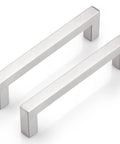 Two satin nickel stainless steel square bar cabinet handles, 5 inch hole centers, 5.5 inch length, for kitchen cupboards and drawers