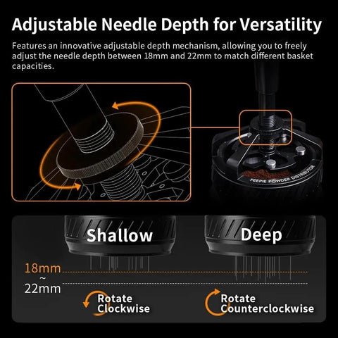 Adjustable 58mm Espresso Wdt Tool dial for needle depth, showing settings from 18mm to 22mm for precise coffee distribution.