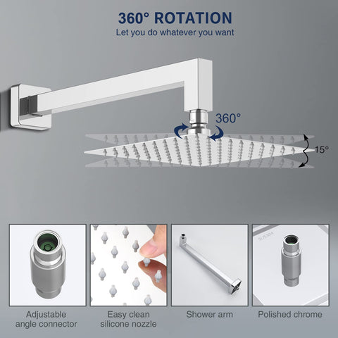 Chrome Shower Faucet Set With High Pressure Square Rain Shower Head And Handle, Wall Mounted Luxury Rainfall Shower Fixture, adjustable angles