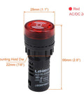 Red Indicator Light With Buzzer 24V AC DC, 22mm Panel Mount, side view with measurements and label details