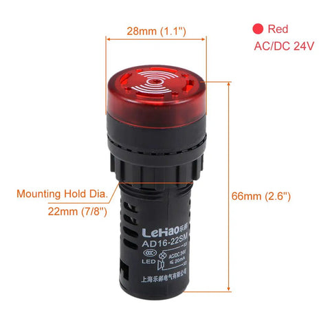 Red Indicator Light With Buzzer 24V AC DC, 22mm Panel Mount, side view with measurements and label details