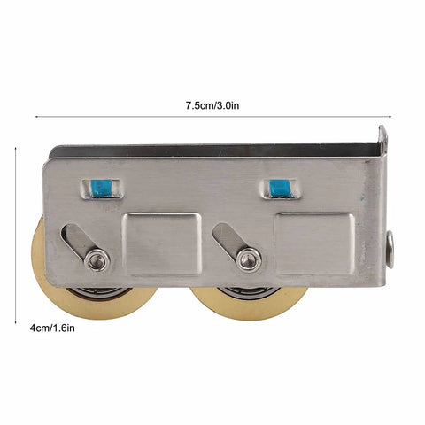 Heavy Duty Double Copper Wheel Stainless Steel Sliding Door Roller Smooth Glide Window Track Pulley front view showing dimensions.