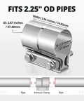 Beefy 2.25 Inch Exhaust Lap Joint Clamp Set Heavy Duty Stainless Steel Band Clamp For Automotive Exhaust Pipes Mufflers And Catalytic Converters Four Pack Durable Quick Fit Kit showing dimensions and fit with pipes.