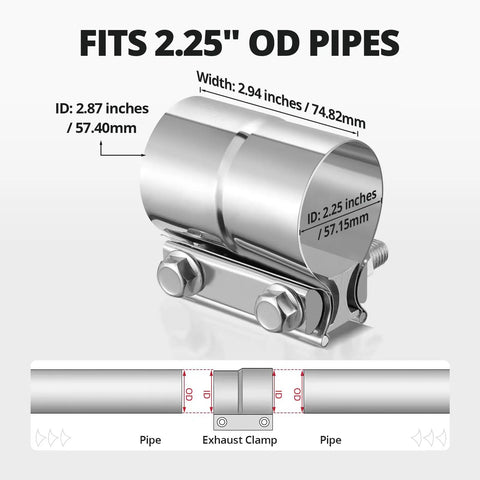 Beefy 2.25 Inch Exhaust Lap Joint Clamp Set Heavy Duty Stainless Steel Band Clamp For Automotive Exhaust Pipes Mufflers And Catalytic Converters Four Pack Durable Quick Fit Kit showing dimensions and fit with pipes.