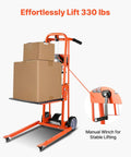 Front view of orange manual winch stacker with pallet lift plate and swivel casters