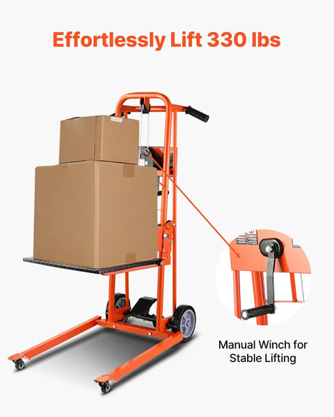 Front view of orange manual winch stacker with pallet lift plate and swivel casters