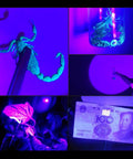 Dope UV Headlamp With White Light 395nm Blacklight Zoomable Head Torch illuminating scorpion, currency, and plant under UV light