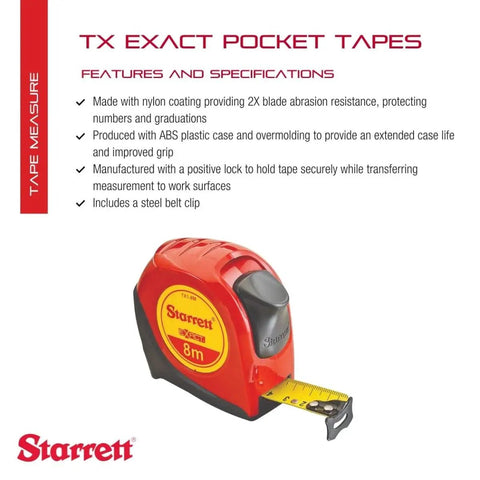 Red Pro Grade Retractable Metric Pocket Tape Measure With Nylon Coating And Steel Belt Clip Self Adjusting End Hook 1 Inch Wide By 8 Meter Long Heavy Duty ABS Case For On The Job Site Quick Readouts And Accuracy in packaging.