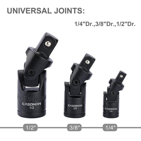 Three universal joints from 18 Piece Drive Tool Accessory Set with Premium CRV Steel, 1/4, 3/8, 1/2 inch sizes shown