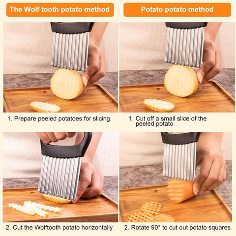Crinkle cutter with stainless steel blades and black handle for waffle-cut potatoes and vegetables.