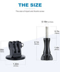 Heavy Duty 1/4-20 Thread Tripod Adapter For GoPro Action Cameras size comparison with dimensions labeled for tripod and thumb screw.