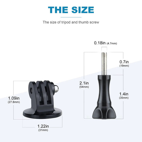 Heavy Duty 1/4-20 Thread Tripod Adapter For GoPro Action Cameras size comparison with dimensions labeled for tripod and thumb screw.