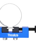 Front view of stainless steel CV boot clamp tool, blue anodized aluminum body, with 13mm screw and quick adjust jaws.