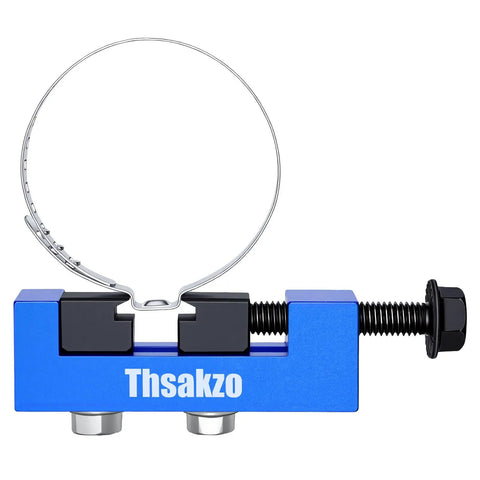 Front view of stainless steel CV boot clamp tool, blue anodized aluminum body, with 13mm screw and quick adjust jaws.