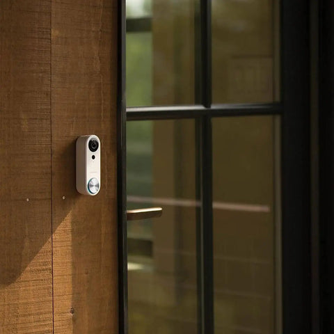 Wired Doorbell Cam 1080p for Home Security System With Ultra Wide 162 Degree View, mounted beside a wooden door entry
