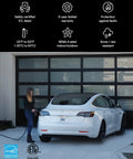 Woman charging EV with 40 Amp Level 2 Home EV Charger With 25 Foot Cable J1772 Connector Hardwired Installation Ready Delivers Up To 38 Miles Per Hour Charge ETL Safety Certified All Weather Durable 5 Year Warranty in driveway