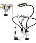 Third Hand Desk Clip Soldering PCB Holder Tool with 3X LED Magnifier and 5Pcs Helping Arms, Adjustable Gooseneck, Stainless Steel Stand.