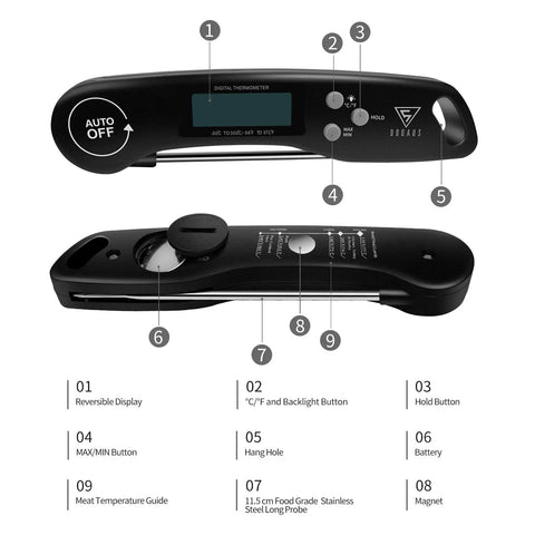 Pro Grade Instant Read Digital Meat Thermometer For Grilling And Cooking, 2-3 Second Temperature Check With 1 Degree Fahrenheit Accuracy, Perfect For Steak, BBQ, Smoking Brisket, Oven, And Slow Cooker. Black plastic digital thermometer with stainless steel 11.5 cm probe and display