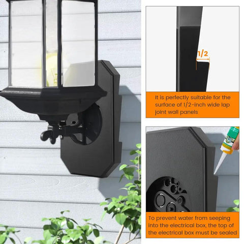 Two Pack Vinyl Siding Mounting Blocks For Half Inch Lap Siding With Built In Electrical Box And Vertical Lamp Mounting Plates For Outdoor Light Fixtures In Black Finish Durable Plastic Construction That Paints To Match Siding Color And Lasts Outdoors. black vinyl siding light mounting block on 1/2-inch lap siding