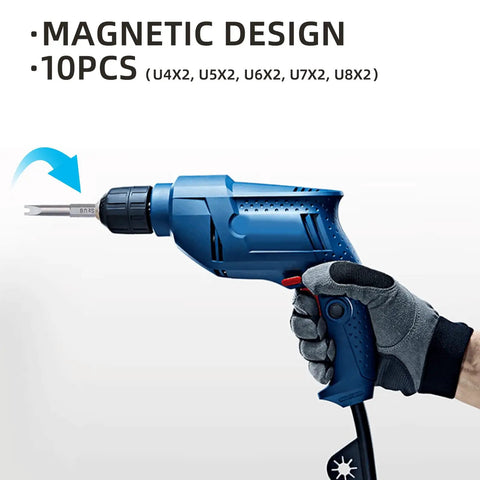 Straight Up Killer S2 Steel Spanner Screwdriver Bit Set 10 Piece Includes U4 U5 U6 U7 U8 Sizes With Hard As Nails Quarter Inch Hex Shank Built Heavy Duty in use with a drill.