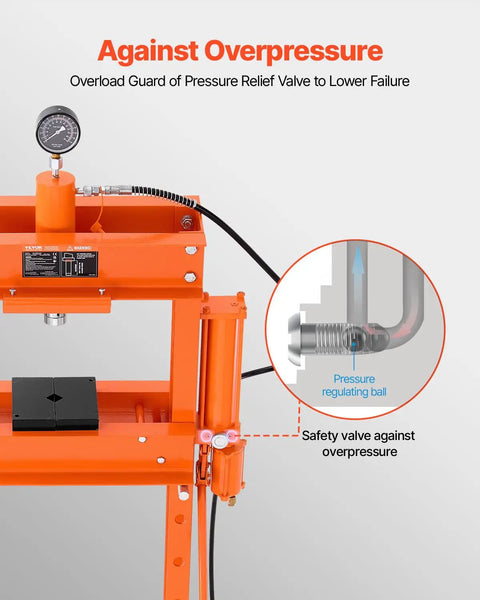 Pro Crew Badass 30 Ton H Frame Hydraulic Shop Press with heavy steel platen showing pressure relief valve details.
