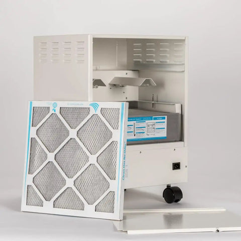 Replacement Air Cartridge For Air Purifiers That Last Up To Six Months shown with purifying unit and cartridge detail