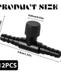 Angled view of black plastic T-shaped aquarium air control valve for 3/16 inch tubing, adjustable flow; 12 pcs