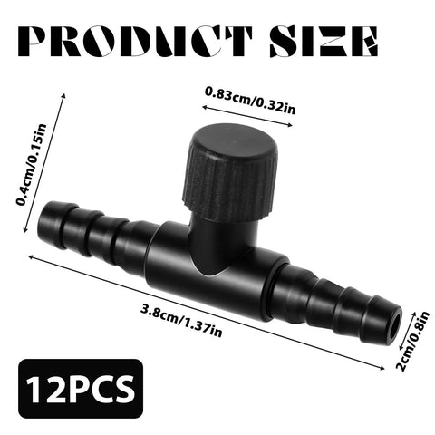 Angled view of black plastic T-shaped aquarium air control valve for 3/16 inch tubing, adjustable flow; 12 pcs