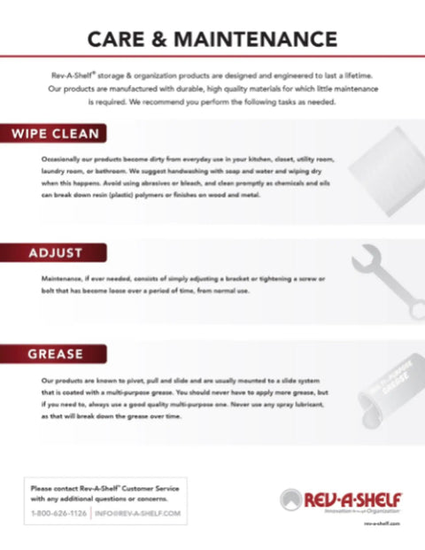 Care and maintenance guide for organization products from Rev-A-Shelf, detailing cleaning, adjustment, and greasing.