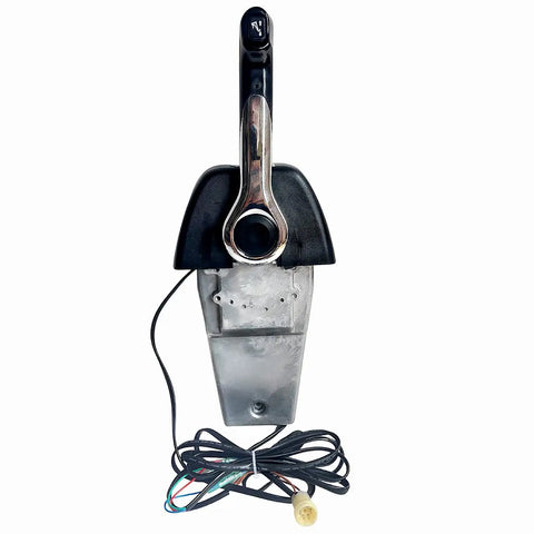 Outboard Remote Control Box 704-48205-P1 top view, black and silver, wires attached, single push to open, OEM replacement.