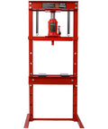 Heavy Duty 20 Ton H Frame Hydraulic Shop Press With Adjustable Height And Dual Guide Rods Crafted For Smooth Operation And Easy Garage Rig Up For Any Auto Repair Job In Bold Red, front view with hydraulic jack.