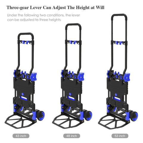 Amazon Oyoest folding hand truck set of three; black frame with blue hardware, retractable handle, 4 wheels, 43/48/53 in.
