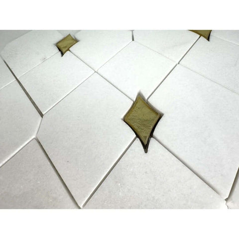 Close-up of Thassos white marble and gold glass diamond mosaic tile sheet, 3x3.5 in, polished waterjet-cut for walls/floors.
