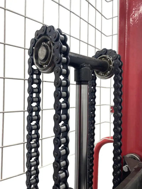 Heavy Duty Manual Pallet Stacker Featuring A No Sweat 2200 Pound Hydraulic Lift And Sixty Three Inch Rise For Warehouse Grinds and factory material hauling chain detail.