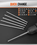Thirty Two Piece Extra Long Security Power Bit Set With Quarter Inch Hex Shank Hardcore Tough S2 Steel Build Tamper Proof Driver Bits laid out with six bits in a drill.