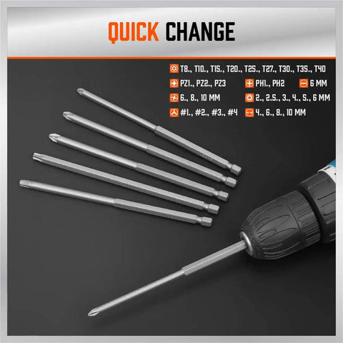 Thirty Two Piece Extra Long Security Power Bit Set With Quarter Inch Hex Shank Hardcore Tough S2 Steel Build Tamper Proof Driver Bits laid out with six bits in a drill.