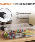 Clear Plastic Storage Bins With Snap On Lids For Home Office Organization Stackable Crates BPA Free Non Toxic Craft And Tool Organizer 13.7 Quart showing secure snap lids and colorful contents.