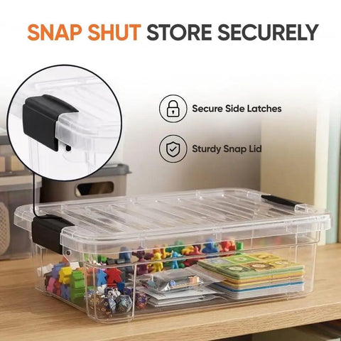 Clear Plastic Storage Bins With Snap On Lids For Home Office Organization Stackable Crates BPA Free Non Toxic Craft And Tool Organizer 13.7 Quart showing secure snap lids and colorful contents.