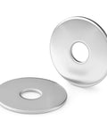 Two stainless steel fender washers, 1/8 in ID x 1 in OD, thickened, silver finish