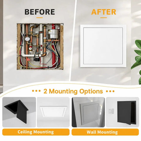 Before and after of Heavy Duty Push To Open Aluminum Access Panel For Drywall Ceilings And Walls showing installation options.