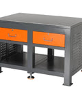 Heavy Duty Steel Workbench For Garage And Auto Shop Tough As Nails Industrial Maintenance Bench with orange drawers and sturdy frame.