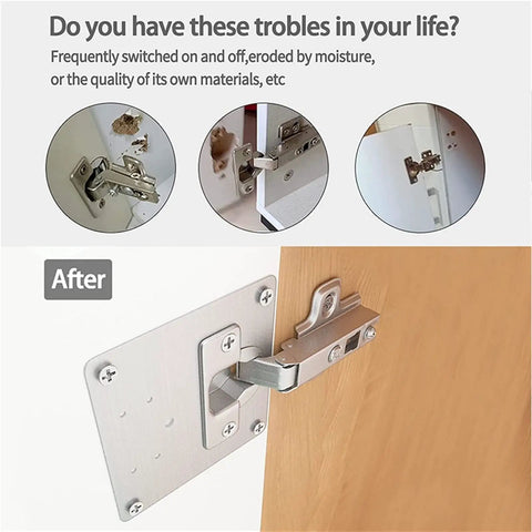 8 Piece Hinge Repair Plate Kit In Brushed Stainless Steel For Cabinets with installation details and mounting on wood