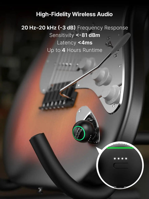 Electric guitar with Wireless Guitar System 2.4GHz Transmitter Receiver, RGB indicator, on guitar stand