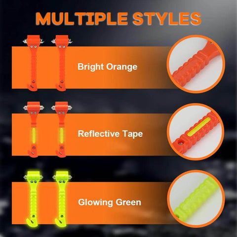 SINSEN car safety hammer set of 2 with orange handles; shows bright orange, reflective tape, and glowing green styles.