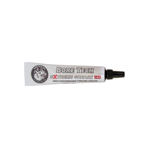 Side view of a tube labeled Bore Tech Extreme Grease, resembling Ultra Tack Firearm Grease For Extreme Conditions High Temp Synthetic Triple Blend Lubricant 10cc Tube Keeps Guns Running From Minus Eighty Five Degrees To Plus Seven Hundred Degrees Ultra Low Friction No Gumming Or Running.