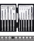 11 Piece Mini Screwdriver Set With Flathead And Phillips Bits For Glasses Watches Phones Toys And Computer Repair Ultra Compact Durable Black Oxide Shafts Magnetic Tips And Easy Grab And Go Carry Case displayed in a box.
