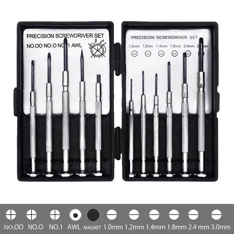 11 Piece Mini Screwdriver Set With Flathead And Phillips Bits For Glasses Watches Phones Toys And Computer Repair Ultra Compact Durable Black Oxide Shafts Magnetic Tips And Easy Grab And Go Carry Case displayed in a box.