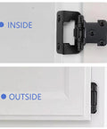 Matte Black Self Closing Cabinet Hinges 32 Pack Soft Close Door Hardware Semi Hidden Steel Build shown from inside and outside views.
