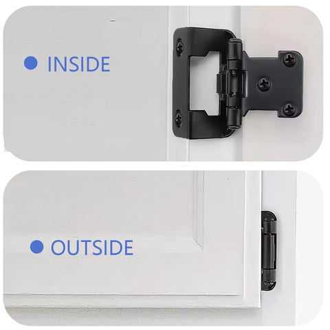 Matte Black Self Closing Cabinet Hinges 32 Pack Soft Close Door Hardware Semi Hidden Steel Build shown from inside and outside views.