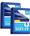 2 Pack 6 By 8 Foot Blue Tarps, 8 Mil Built Tough Waterproof Poly Tarp With Metal Grommets And Reinforced Edges, UV Resistant Outdoor Cover
